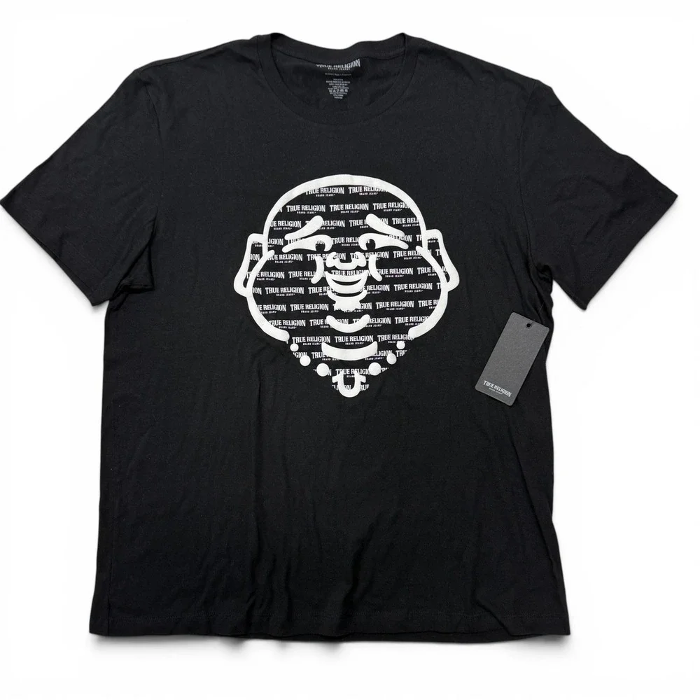 True Religion Mens Scripted Buddha Face Tee Jet‎ Black Graphic T-Shirt XXL NWT
